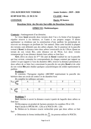 Première page de Mathématiques 4e, 4e ML — 2e devoir surveillé, 2e semestre (2019-2020) · CEG Kouhounou-Vêdoko