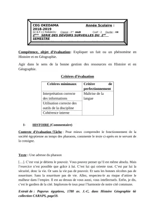 Première page de Histoire-Géographie 2nde A1, 2nde A2, 2nde B — 2e devoir surveillé, 2e semestre (2018-2019) · CEG OKEDAMA