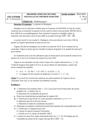 Première page de Mathématiques Tle D — 1er devoir surveillé, 1er semestre (2019-2020) · CEG Kaïtèmè