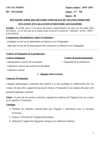 Première page de Histoire-Géographie 2nde A & B — 2e devoir surveillé, 2e semestre (2018-2019) · CEG PAHOU