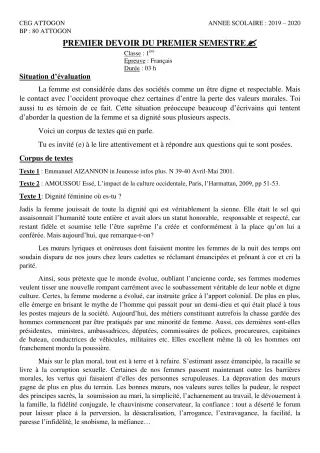 Première page de Français 1ère A & B, 1ère A1, 1ère A2, 1ère B, 1ère D — 1er devoir surveillé, 1er semestre (2019-2020) · CEG Attogon
