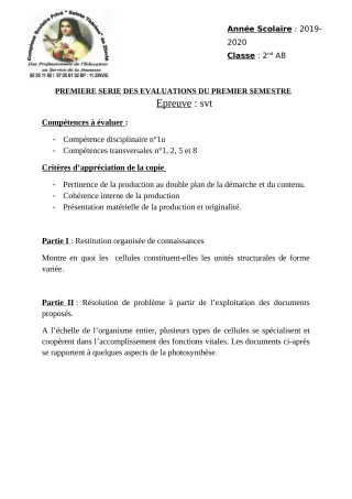 Première page de SVT 2nde A1 — 1re évaluation sommative, 1er semestre (2019-2020) · CPEG Ste Thérèse de Zinvié