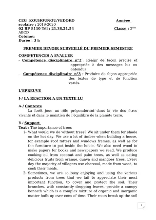 Première page de Anglais 2nde A1, 2nde A2, 2nde B — 1er devoir surveillé, 1er semestre (2019-2020) · CEG Kouhounou-Vêdoko