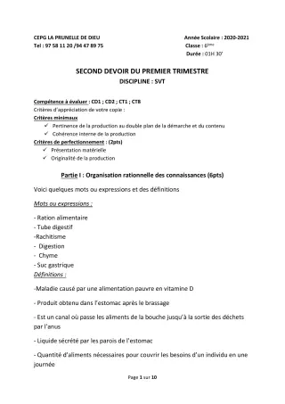 Première page de SVT 6e, 5e, 4e, 3e, 3e ML, 2nde B, 2nde D — 2e devoir surveillé, 1er trimestre (2020-2021) · CEPG La Prunelle de Dieu