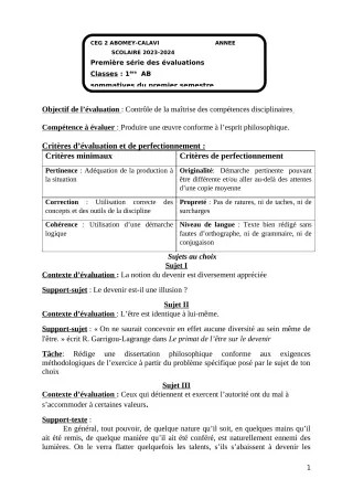 Première page de Philosophie 1ère B — 1re évaluation sommative, 1er semestre (2023-2024) · CEG2 ABOMEY - CALAVI (CEG ZOCA)