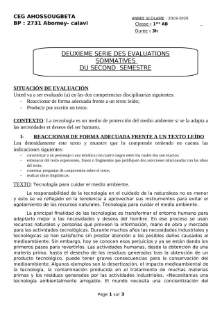 Première page de Espagnol 1ère A2, 1ère B — 2e évaluation sommative, 2e semestre (2019-2020) · CEG Ahossougbéta