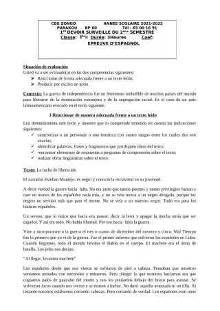 Première page de Espagnol Tle B — 1er devoir surveillé, 2e semestre (2021-2022) · CEG ZONGO