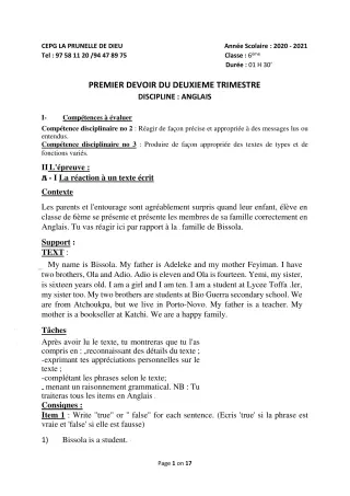 Première page de Anglais 6e, 5e, 4e, 3e, 3e ML, 2nde B, 2nde D — 1er devoir surveillé, 2e trimestre (2020-2021) · CEPG La Prunelle de Dieu