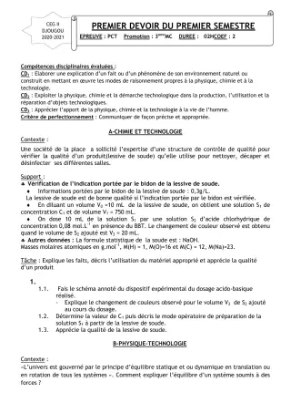 Première page de PCT 3e — 1er devoir surveillé, 1er semestre (2020-2021) · CEG 2 Djougou