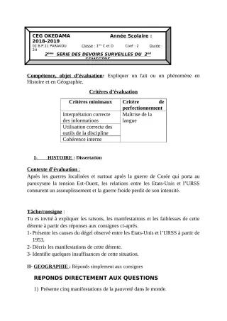 Première page de Histoire-Géographie 1ère C, 1ère D — 2e devoir surveillé, 2e semestre (2018-2019) · CEG OKEDAMA