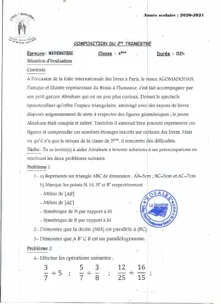 Première page de Mathématiques 4e — 1re composition, 1er trimestre (2020-2021) · CPEG ROSAIRE