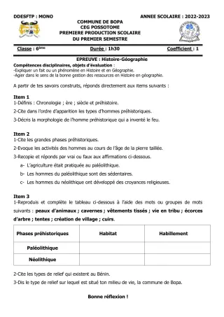 Première page de Histoire-Géographie 6e — 1re production scolaire, 1er semestre (2022-2023) · CEG POSSOTOME