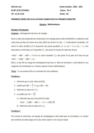 Première page de Mathématiques Tle C — 1re évaluation sommative, 1er semestre (2020-2021) · CEG du Lac