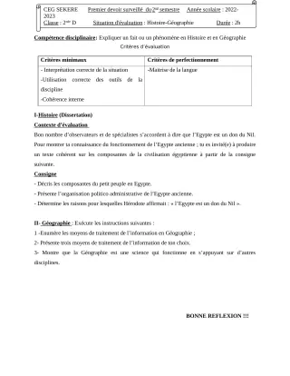 Première page de Histoire-Géographie 2nde D — 1er devoir surveillé, 2e semestre (2022-2023) · CEG SEKERE
