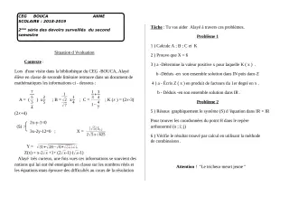Première page de Mathématiques 6e, 4e, 4e ML, 3e, 3e ML, 2nde A2, 2nde D, 1ère A2, 1ère D, Tle A2, Tle D — 2e devoir surveillé, 2e semestre (2018-2019) · CEG BOUCA