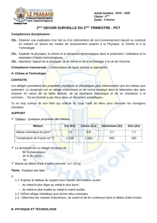 Première page de PCT 4e — 2e devoir surveillé, 2e trimestre (2019-2020) · CPEG LE PHARAON