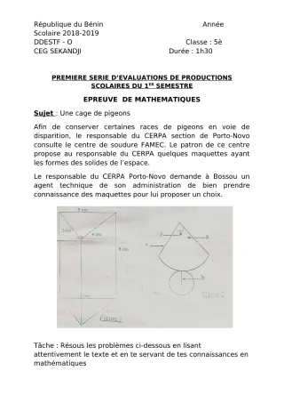 Première page de Mathématiques 5e — Production scolaire, 1er semestre (2018-2019) · CEG SEKANDJI