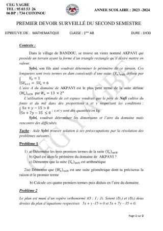 Première page de Mathématiques 1ère A2 — 1er devoir surveillé, 2e semestre (2023-2024) · CEG Yagbe