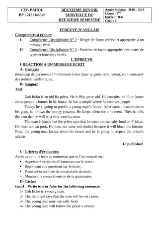 Première page de Anglais 5e — 2e devoir surveillé, 2e semestre (2018-2019) · CEG PAHOU