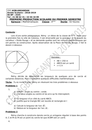 Première page de Mathématiques 4e, 4e ML — 1re production scolaire, 1er semestre (2018-2019) · CEG AGBLANGANDAN