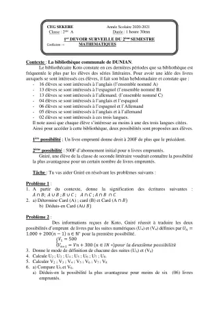 Première page de Mathématiques 2nde A2 — 1er devoir surveillé, 2e semestre (2020-2021) · CEG SEKERE
