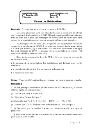 Première page de Mathématiques 2nde C — 2e devoir surveillé, 1er semestre (2023-2024) · CEG2 ABOMEY - CALAVI (CEG ZOCA)
