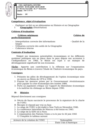 Première page de Histoire-Géographie Tle C, Tle D — 1er devoir surveillé, 1er semestre (2019-2020) · CEG 1 Akpakpa-Centre
