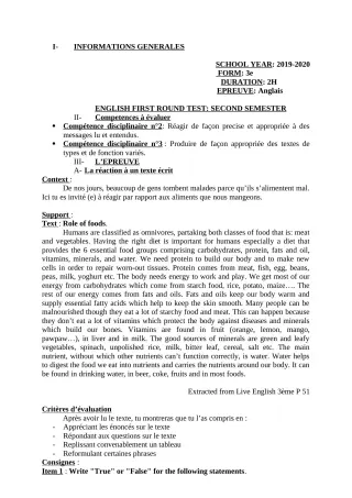 Première page de Devoir surveillé de ANGLAIS — 3e, 3e ML — CEG Sô-Ava (2019)