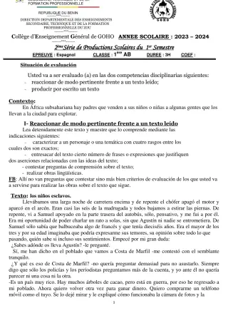 Première page de Espagnol 1ère A & B — Production scolaire, 1er semestre (2023-2024) · CEG GOHO