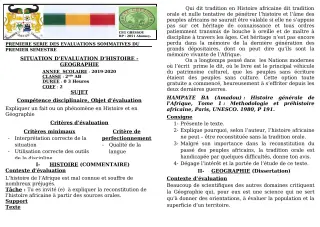 Première page de Histoire-Géographie 2nde A1, 2nde A2 — 1re évaluation sommative, 1er semestre (2019-2020) · CEG GBESSOU