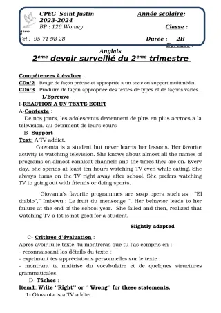 Première page de Anglais 4e, 2nde A2, 2nde B, 2nde C, 2nde D — 2e devoir surveillé, 2e trimestre (2023-2024) · CPEG SAINT Justin