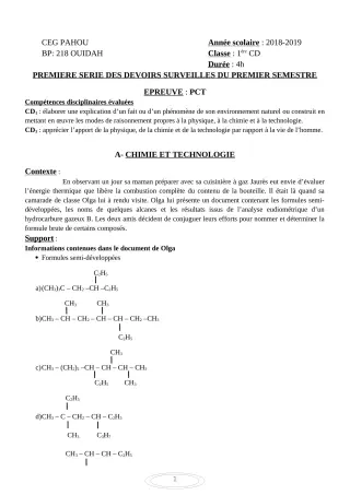 Première page de PCT 1ère C, 1ère D — 1er devoir surveillé, 1er semestre (2018-2019) · CEG PAHOU