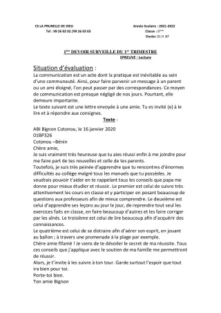 Première page de Français 6e, 5e, 4e, 4e ML, 3e, 3e ML — 1er devoir surveillé, 1er trimestre (2021-2022) · CEPG La Prunelle de Dieu