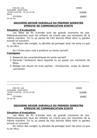 Première page de Français 6e — 2e devoir surveillé, 1er semestre (2019-2020) · CEG du Lac