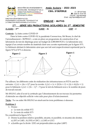 Première page de Mathématiques 4e — Production scolaire, 2e semestre (2022-2023) · CEG1 Ikpinlè