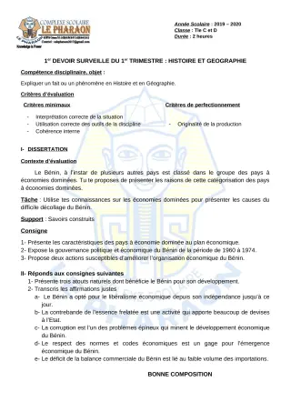 Première page de Histoire-Géographie Tle C, Tle D — 1er devoir surveillé, 1er trimestre (2019-2020) · CPEG LE PHARAON