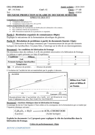 Première page de SVT 1ère A2 — 2e production scolaire, 2e semestre (2018-2019) · CEG ONIGBOLO