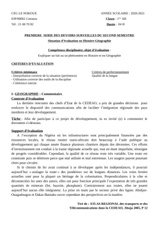 Première page de Histoire-Géographie 1ère A1, 1ère A2, 1ère B — 1er devoir surveillé, 2e semestre (2020-2021) · CEG LE NOKOUE
