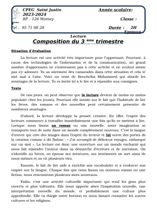 Première page de Français 4e — Composition, 3e trimestre (2023-2024) · CPEG SAINT Justin
