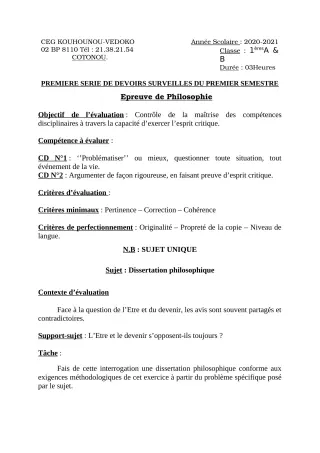 Première page de Philosophie 1ère A1, 1ère A2, 1ère B — 1er devoir surveillé, 1er semestre (2020-2021) · CEG Kouhounou-Vêdoko