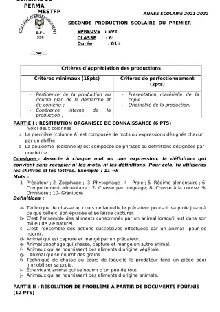 Première page de SVT 6e, 5e, 4e, 3e, 2nde A, 2nde D, 1ère A, 1ère D, Tle A, Tle D — 2e production scolaire, 1er semestre (2021-2022) · CEG Perma