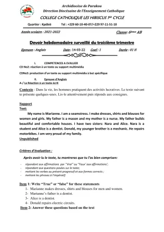 Première page de Anglais 6e — Devoir surveillé, 3e trimestre (2021-2022) · Hibiscus 1er cycle