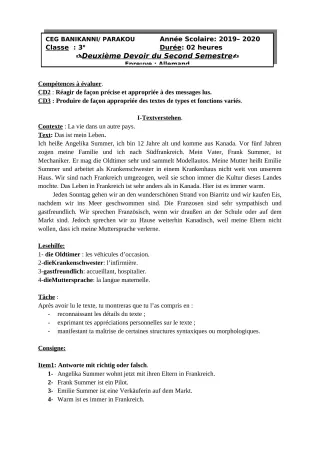 Première page de Allemand 3e ML, 2nde A2, 2nde B, 1ère A2, 1ère B, Tle A2, Tle B — 2e devoir surveillé, 2e semestre (2019-2020) · CEG Banikanni