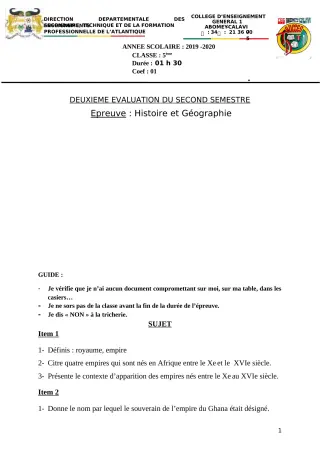 Première page de Histoire-Géographie 5e — 2e semestre (2019-2020) · CEG1 Abomey-Calavi