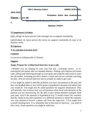 Première page de Anglais 1ère A & B — 1re évaluation sommative, 2e semestre (2023-2024) · CEG2 ABOMEY - CALAVI (CEG ZOCA)