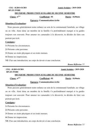Première page de Français 6e — 2e production scolaire, 2e semestre (2019-2020) · CEG Igbo-ocho