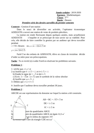Première page de Mathématiques 3e, 3e ML — 1er devoir surveillé, 1er semestre (2019-2020) · Ceg OUESSE
