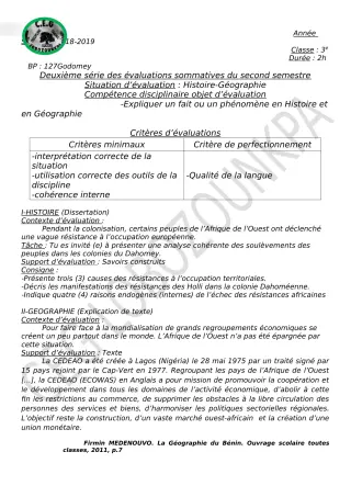 Première page de Histoire-Géographie 3e, 3e ML — 2e évaluation sommative, 2e semestre (2018-2019) · CEG Lobozounkpa