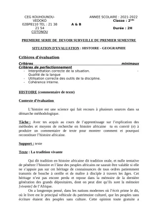 Première page de Histoire-Géographie 2nde A1, 2nde A2, 2nde B — 1er devoir surveillé, 1er semestre (2021-2022) · CEG Kouhounou-Vêdoko
