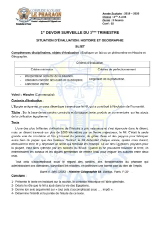 Première page de Histoire-Géographie 2nde A, 2nde B — 1er devoir surveillé, 3e trimestre (2019-2020) · CPEG LE PHARAON
